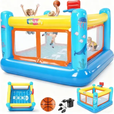 Zdjęcie produktu dla Dmuchany zamek dla dzieci 170 x 170 x 112 cm z koszem do koszykówki i kartą do gry, dmuchane zamki do użytku wewnątrz i na zewnątrz dla dzieci w wieku 3–6 lat