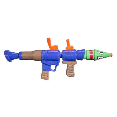 A toy rocket launcher with a cartoonish design.