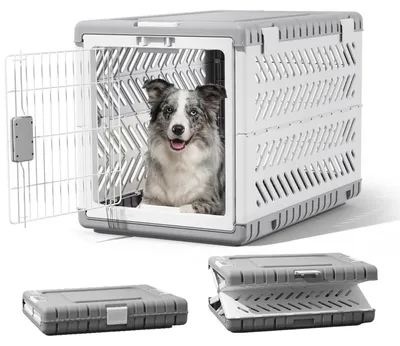 Image de Cage de transport pliable pour chien, dimensions 92x58x66 cm, couleur blanc/gris