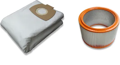 A vacuum cleaner bag and a vacuum cleaner filter are shown against a white background.