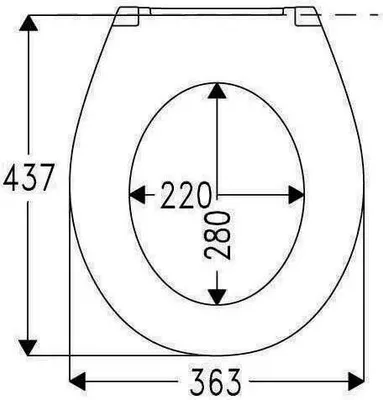 A top-down technical drawing of a toilet seat with dimensions indicated.