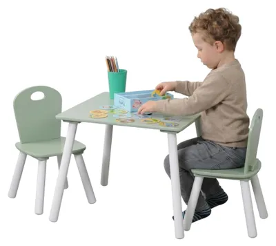 Kindertisch mit 2 Stühlen, 55x55x45 cm, Weiß/Salbeigrün