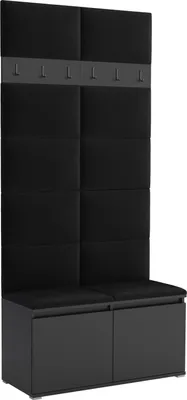 A black upholstered hall tree with a bench and storage.