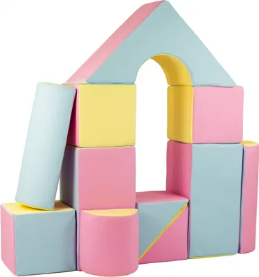 A collection of colorful foam blocks arranged to resemble a house.