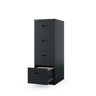 A dark grey four-drawer filing cabinet is shown against a white background. The bottom drawer is partially open, revealing some files inside.