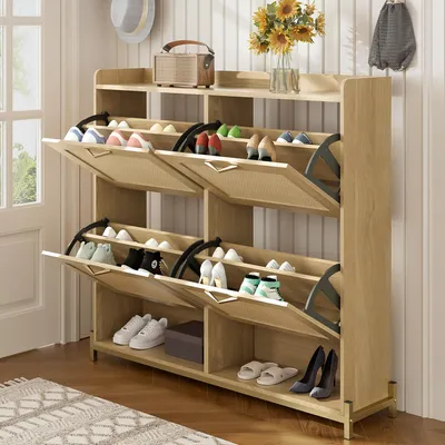 Image de OKWISH Meuble à Chaussures - Meuble à Chaussures 4 Portes Contemporain avec Étagères et Cadre Métallique, Rangement Pratique 108,5x24x100 cm, Naturel