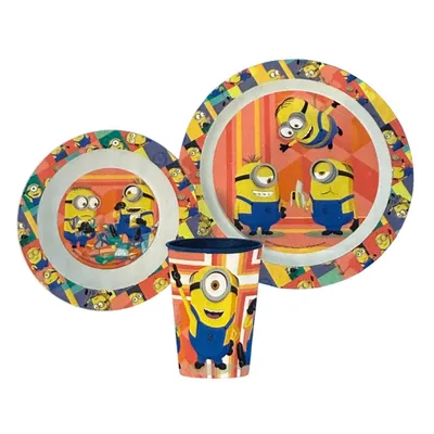 Produktbild von Minions Frühstücksset Kindergeschirr Geschirr Teller Schale Trinkglas 3tlg