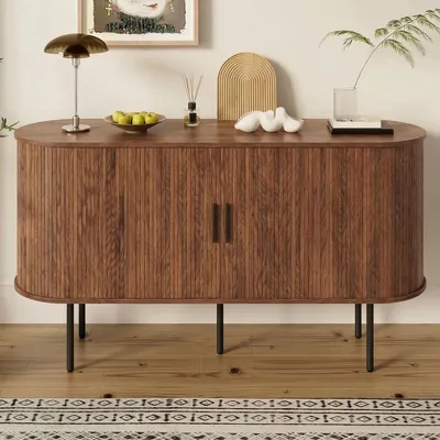 Produktbild von Sideboard mit Rolljalousie-Türen, Aluminiumgriffen & Eisenbeinen Aufbewahrungsschrank Wohnzimmerschrank für Wohnzimmer 140 L x 40 B x 78 H Nussbaum