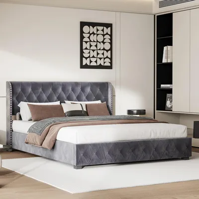 Obrázok produktu pre Čalúnená posteľ – posteľ s úložným priestorom – 140 x 200 cm – s čelom – vrátane roštu – zamatový poťah – bez matraca