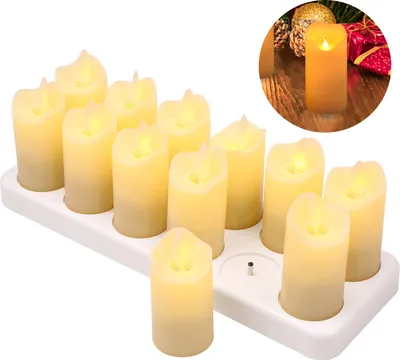 Produktbild von 12 PCS wiederaufladbare flammenlose Kerzen Realistische warmgelbe LED Akku-Stumpenkerzen Elektrische Kerzenlichter mit flackernder Flamme fuer Weihnachten Halloween Festivals Hochzeitsfeier Dekoration
