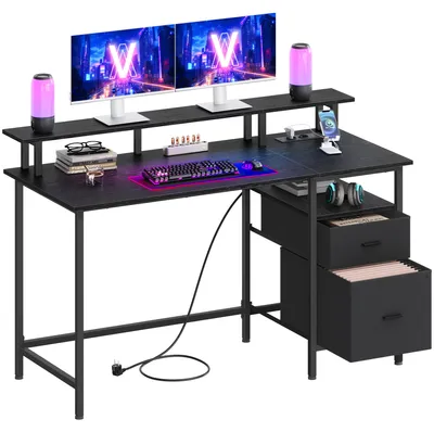 Produktbild von VASAGLE Arbeitstisch mit Monitorständer und Stoffschubladen, Computertisch mit Ladestation, für Büro, 140 x 60 cm, schwarz