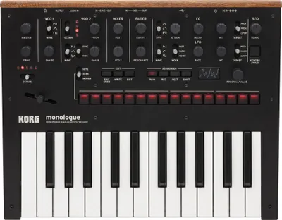 A top-down view of a Korg monologue analog synthesizer.