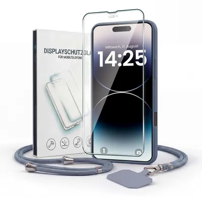Produktbild von Handyhülle für Apple iPhone 16 Pro mit Handykette und 9H Displayglas Displayschutz Band Kordel Hülle Case Schutzhülle Lavendelblau Blau