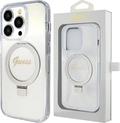 Zdjęcie produktu dla Etui Guess Ring Stand Script Glitter Magsafe Na Iphone 15 Pro - Przezroczyste