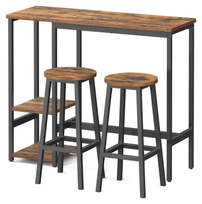 Immagine prodotto di Set da bar con piano di appoggio e 2 sgabelli da bar, struttura in metallo | Colore marrone e nero | Dimensioni: 110x40x90 cm