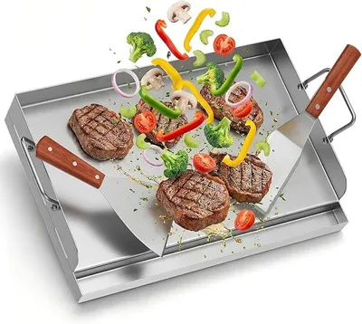 Image de Plaque de cuisson en acier inoxydable, 54 x 41 cm, grande plaque de cuisson pour plancha. Inclut 2 spatules. Plaque de cuisson pour barbecue avec poignée amovible et gouttière de 3 cm de hauteur pour récupérer la graisse, compatible avec les barbecues au gaz et au charbon