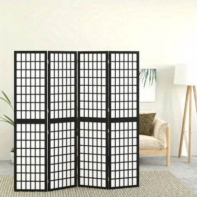 Image de Paravent en bois pliable, 4 panneaux, noir et blanc