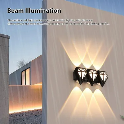 Produktbild von LED-Wandleuchte mit 6 Lichtstrahlen, modernes Design, warmweiß, IP65, wasserdicht, dekorative Beleuchtung für Außenbereich, Garten, Badezimmer, Küche, Flur, schwarz, 6 Leuchten, 9 W