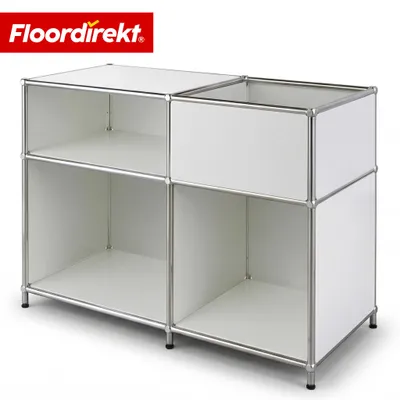 Immagine prodotto di Floordirekt Concept Epure MK-030 Scaffale in metallo, L88×P40×A65 cm, bianco, credenza e mobile basso con 3 ripiani e vano portaoggetti, struttura in metallo cromato