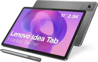 A Lenovo Idea Tab tablet and stylus are shown on a white background. The tablet screen displays a colorful abstract graphic and text.