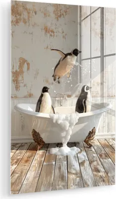 Produktbild von MuchoWow Glasbilder - Bilder auf Wandbild - Foto auf Glas Vintage - Pinguin - Badewanne - Schaumstoff 20x30 cm Wanddekoration aus Glas - Acrylglasbild - Acrylbilder - Acrylglas