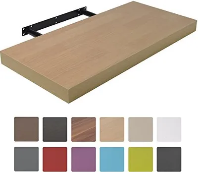 A floating shelf with a black bracket is shown from a diagonal angle. Below the shelf are 12 color swatches representing different finish options for the shelf.