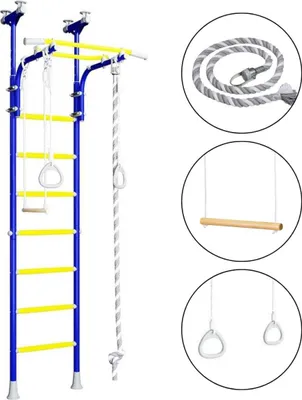 Image de Espalier pour enfants – Structure d'escalade d'intérieur en métal avec balançoire et roues de gymnastique – Comet 5, bleu