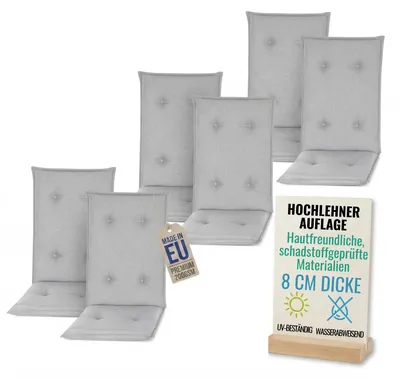 Produktbild von Pillows24 - 6x Hochlehner Auflagen 120x50x8 cm | Gesteppte Wetterfeste Gartenstuhlauflagen | Polster Sitzkissen für  Gartenmöbel |   EU | Grau