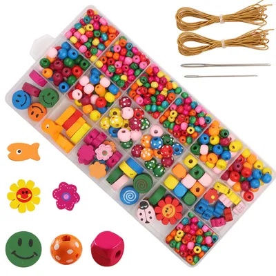 500 bunte Holzperlen zum Auffädeln, DIY-Set für Kinder