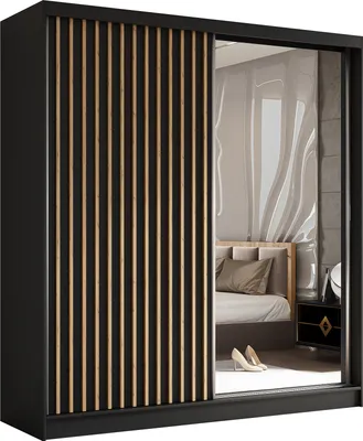 Produktbild von 200 cm Kleiderschrank Erika mit Lamellen und Spiegel inklusive 2 Schiebetüren Schwebetürenschrank (Farbe: schwarz, schwarz, Lamelle Artisan)