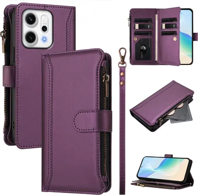 Image de Etui pour Oppo Reno14, zippé, étui portefeuille en cuirPolyuréthaneavec pochettes pour cartes, support et dragonne Violet