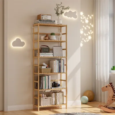 Produktbild von WISFOR Badregal mit 6 Ablagen, Standregal Bambus, stufig höhenverstellbar Leiterregal Bücherregal Anstellregal Küchenregal, für Wohnzimmer, Schlafzimm