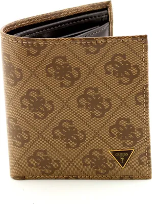 A bifold wallet with a repeating Guess logo pattern.
