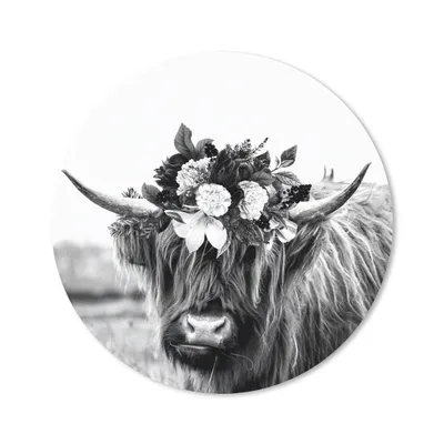 Produktbild von MuchoWow® Mauspad Mousepad Schottischer Highlander - Blumen - Schwarz - Weiß 50x50 cm - Mousepads - Maus Mat - Pad - Mausunterlage - Vinyl