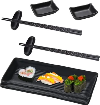 Produktbild von Sushi-Platte mit Dipschalen - Sushi-Service mit Stäbchen - Servierset mit japanischen Sushi-Tellern - 2 Paar Essstäbchen + 2 Essstäbchenplatten + 2 Teller + 2 Dipteller - Schwarz