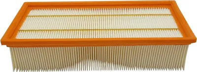 A rectangular air filter with an orange frame and pleated beige filter material.