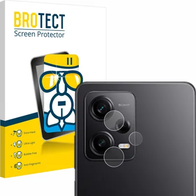 Product packaging and a close-up of a smartphone camera module with screen protectors applied.