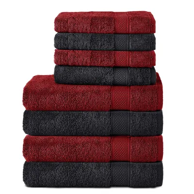Produktbild von Komfortec 8er Handtuch Set aus 100% Baumwolle, 4 Badetücher 70x140 und 4 Handtücher 50x100 cm, Frottee, Weich, Towel, Groß, Schwarz/Aurorarot