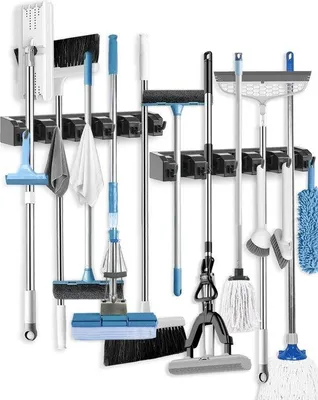 Immagine prodotto di Porta-scope a muro Unyqoos® con 5 supporti e 6 ganci, in ABS, nero, salvaspazio – Organizer a parete per scope, moci e attrezzi da giardino, completo di kit di viti