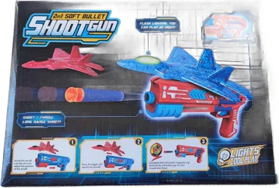 Produktbild von Spielzeugpistole mit Styroporflugzeug, Zielscheibe und Pfeilen