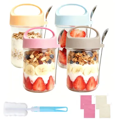 4er-Set Müsliglöser 410 ml mit Deckel & Löffel, wiederverwendbar