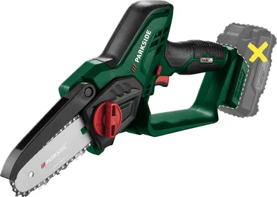 A cordless pruning saw is shown against a white background.