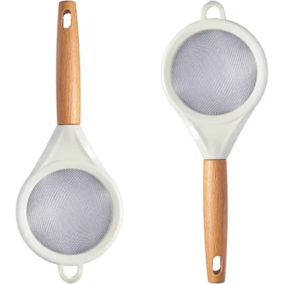 Produktbild von 2 stück Edelstahl Mehlsieb mit Silikongriff,Küchenbacken Sieb, Feines Sieb für Zucker, Mehl, Backzutaten, Holzgriff, Hängedesign, 25cm