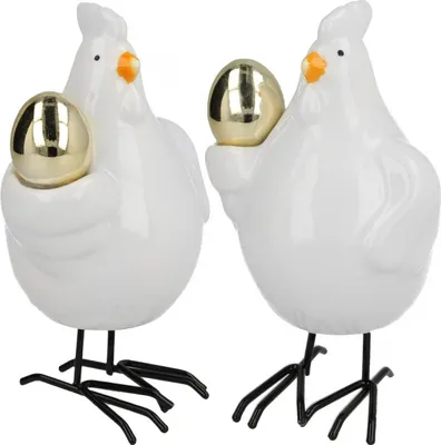 Produktbild von Deko Huhn mit goldenem Ei, Porzellan Osterfigur, Osterdeko Set H12cm, 2er Pack, 2 Stück