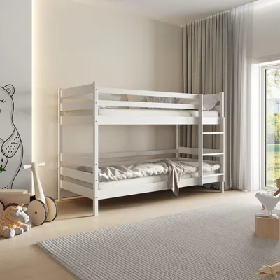 A white wooden bunk bed in a child's bedroom with a rug and toys.