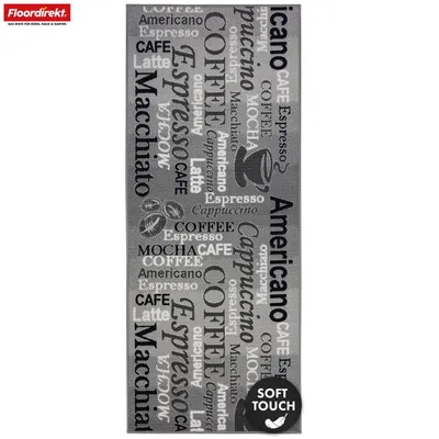 Produktbild von Floordirekt Teppichläufer Coffee, Küchenläufer rutschfest, moderner Läufer mit Kaffee-Motiven, pflegeleicht & strapazierfähig – Grau / 80 x 250 cm