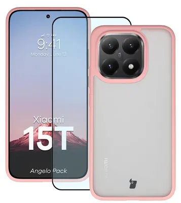 Produktbild von Schutzhülle + gehärtetem Glas für Xiaomi 15T, Bizon Angelo Pack, Semitransparent mit hellrosem Rahmen