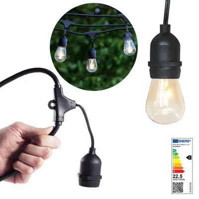 Obrázok produktu pre Vodeodolná svetelná dekoračná reťaz, 15 ks E27 LED žiaroviek, 14,6 m, teplá biela