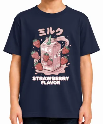 Obrázok produktu pre Tričko s motívom "Japonské mlieko s príchuťou jahody", štýl "kawaii", s odkazom na Japonsko, éru Y2K, manga estetiku, modrej farby, veľkosť 128