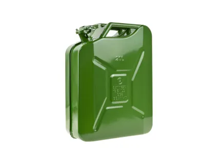A green metal jerrycan is shown against a white background.